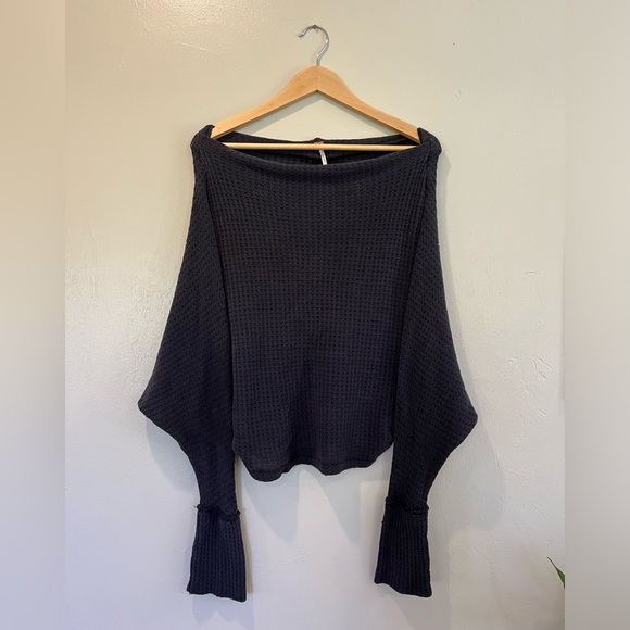 Free People black waffle knit bat wing sweater - Picture 2 of 6